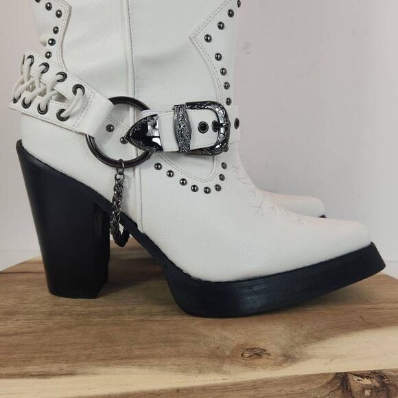 Dolls Kill Widow Harness Cowboy Boots Women's Size 9 M White - Picture 2 of 11